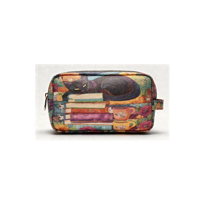 Necessaire — Gato Preto com Livros e Canecas